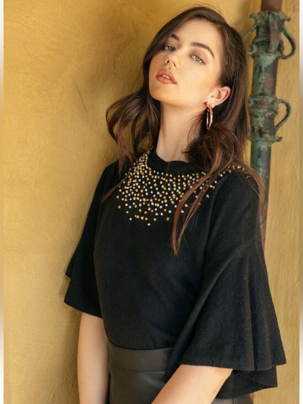 THML NWT Black Dotted Knit Sweater Flutter Sleeve Crewneck Top size XS